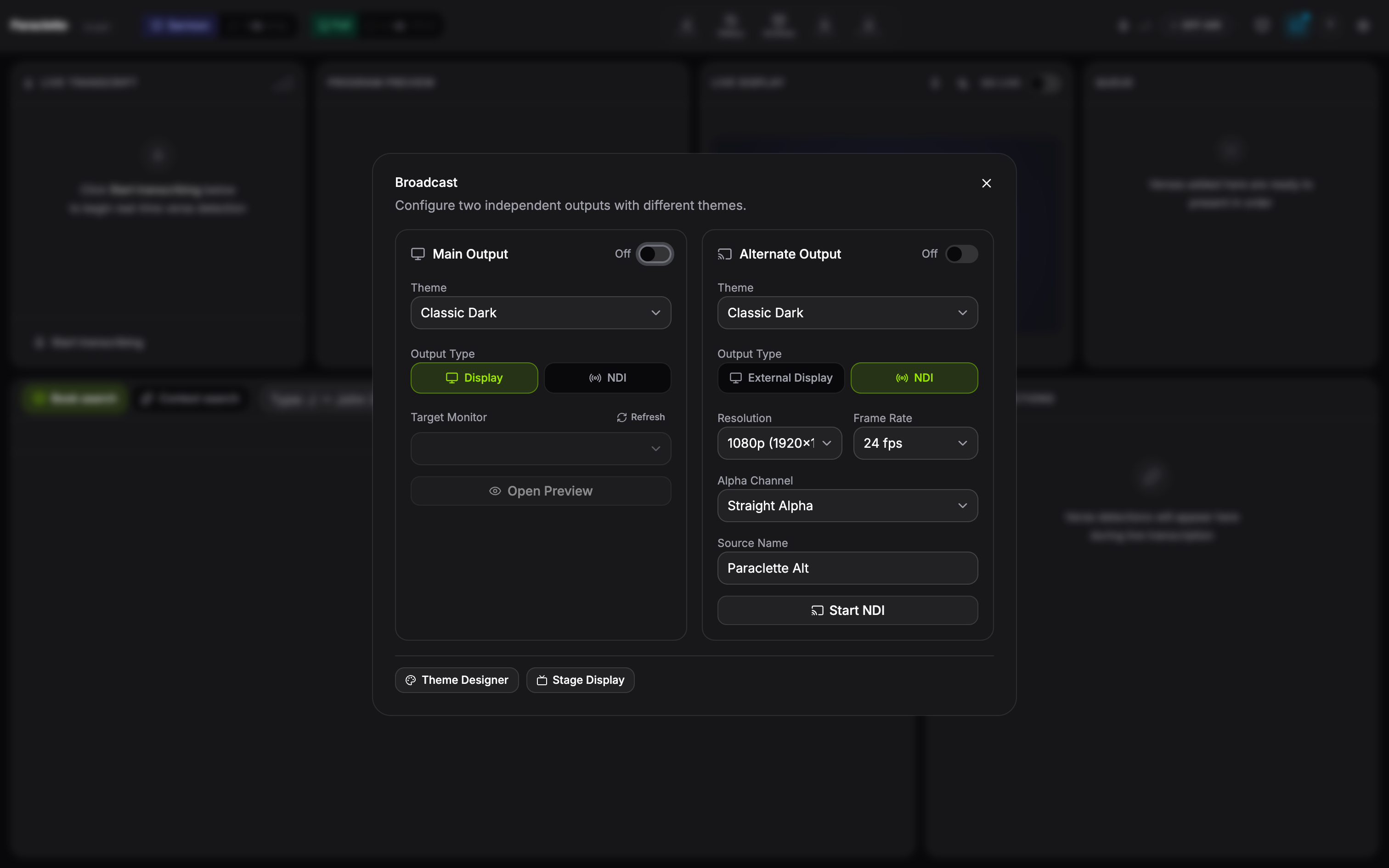 The Broadcast dialog configuring two independent outputs — Main and Alternate — each with its own theme, display target or NDI source, resolution, frame rate and alpha channel.