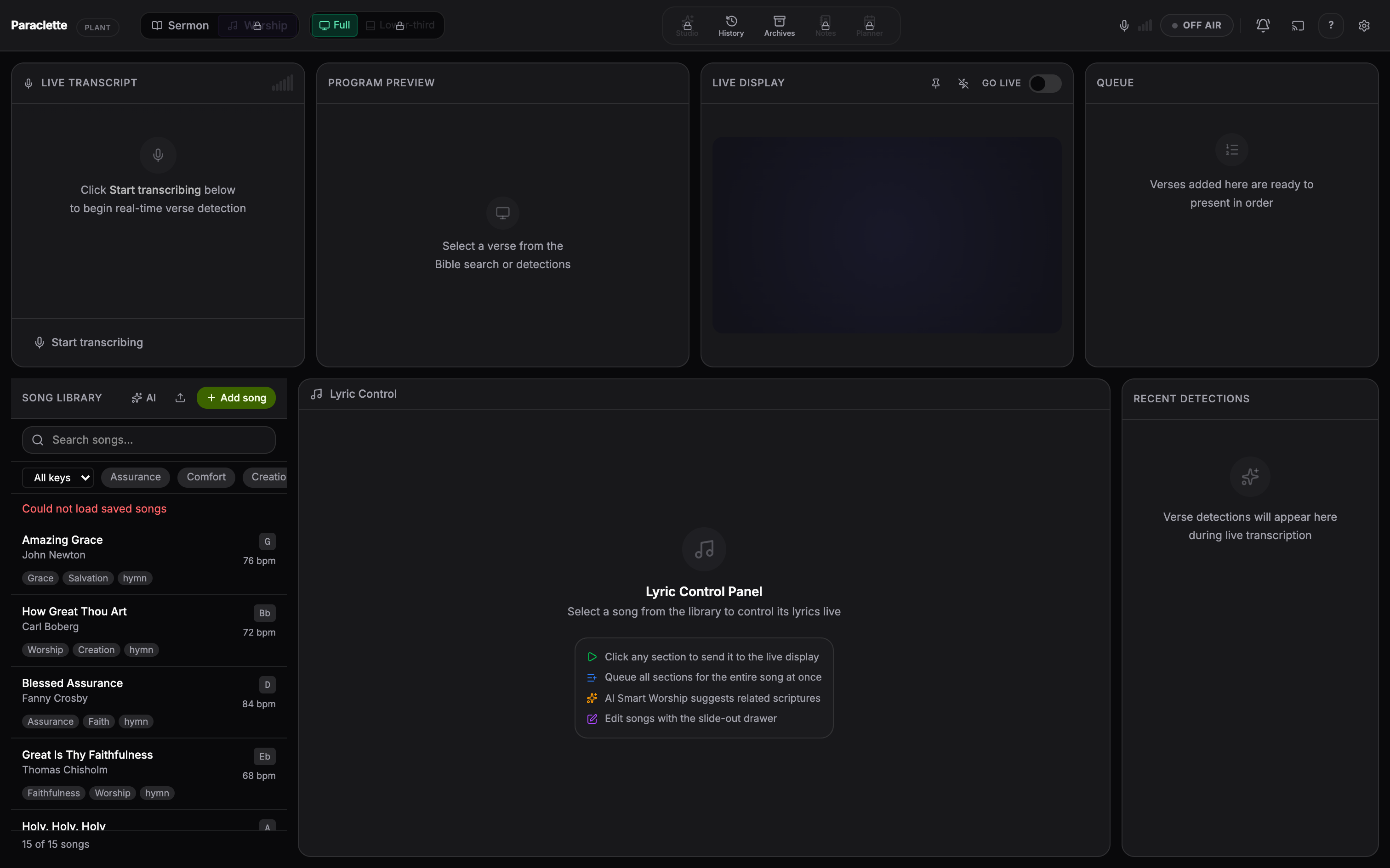 Worship mode dashboard showing the searchable Song Library with tagged songs and the Lyric Control panel for stepping through verses and choruses.