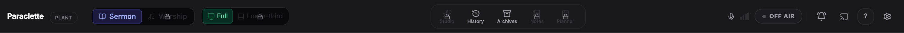 Close-up of the transport bar: tier badge, Sermon/Worship toggle, Full/Lower-third toggle, the Studio / History / Archives / Notes / Planner dock, and the right utility strip.